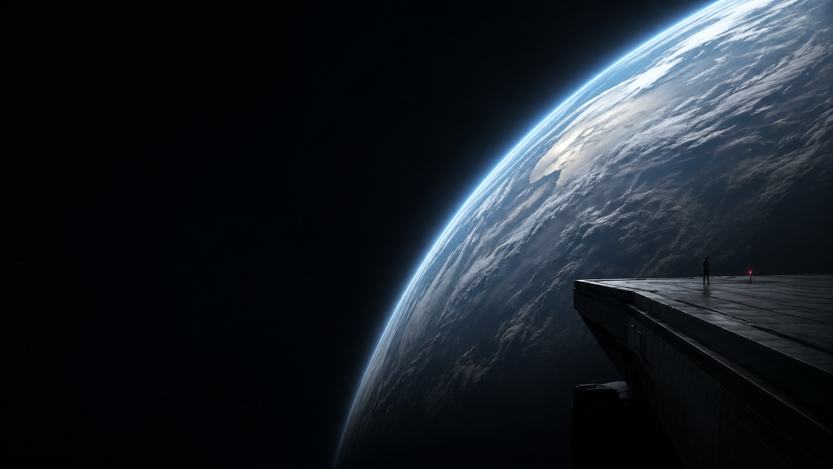 Earth’s curved horizon above a lone observer on an orbital platform
